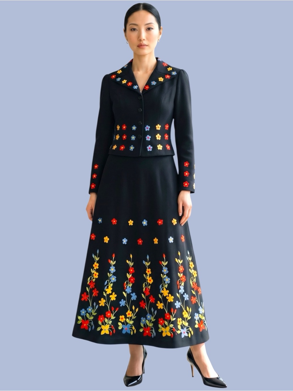 Black Mid-Century 2 Piece ‘Art to Wear’ Dressmaker Tel 26 Embroidered Suit - Picture 2 of 16